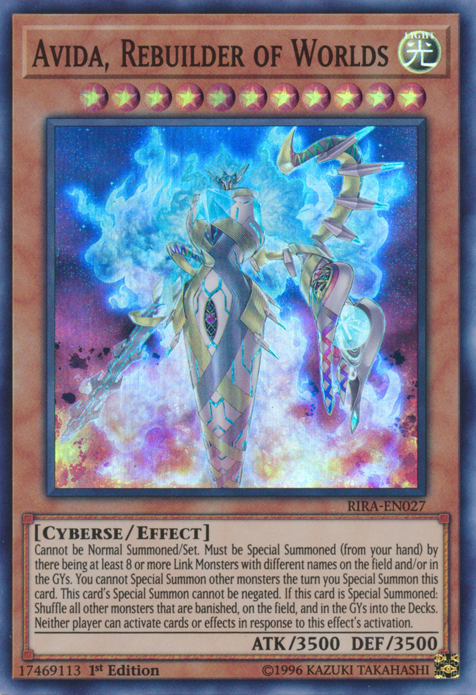 A Super Rare "Avida, Rebuilder of Worlds" card from the Yugioh Set: Rising Rampage (RIRA).