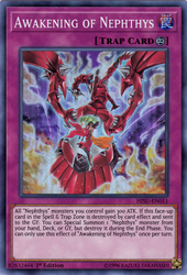 A Super Rare "Awakening of Nephthys" card from the Yugioh Set: The Hidden Summoners (HISU).