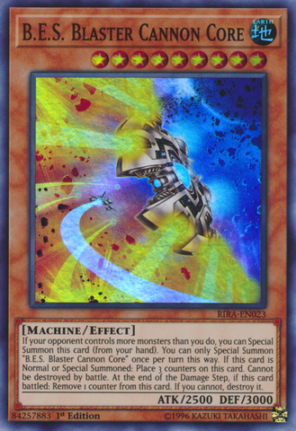 A Super Rare "B.E.S. Blaster Cannon Core" card from the Yugioh Set: Rising Rampage (RIRA).