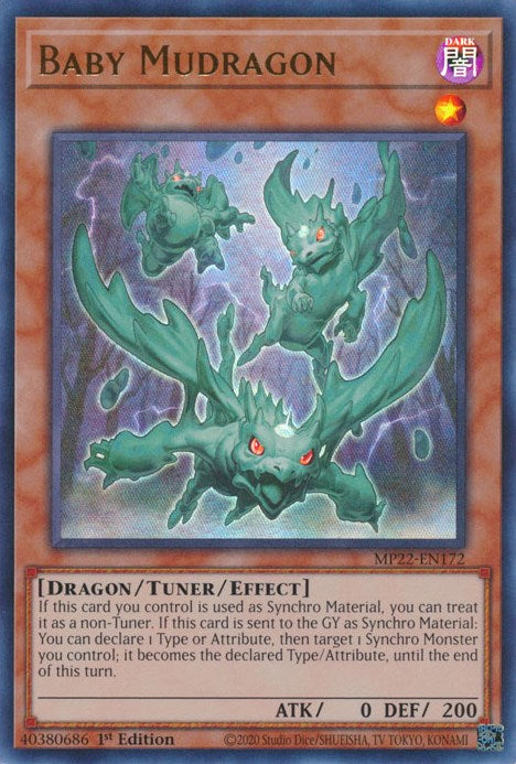 An Ultra Rare "Baby Mudragon" card from the Yugioh 2022 Tin of the Pharaoh's Gods Set.