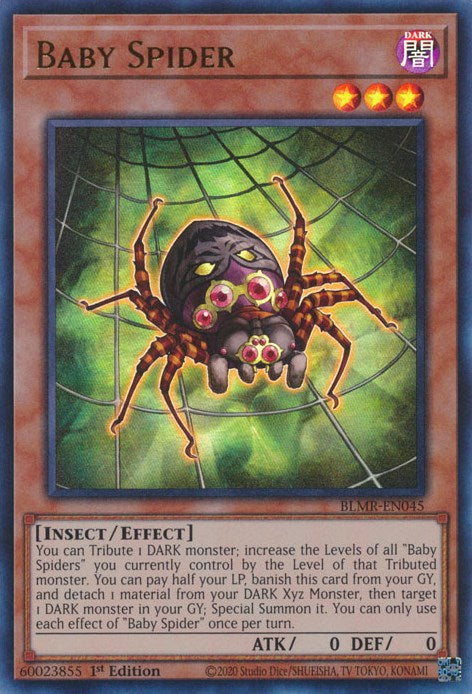 An Ultra Rare "Baby Spider" card from the Yugioh Set: Battles of Legend: Monstrous Revenge.