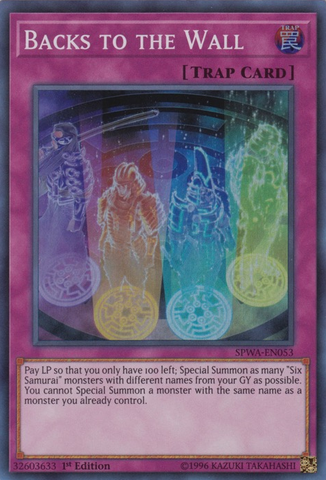 A Super Rare "Backs to the Wall" card from the Yugioh Set: Spirit Warriors (SPWA).