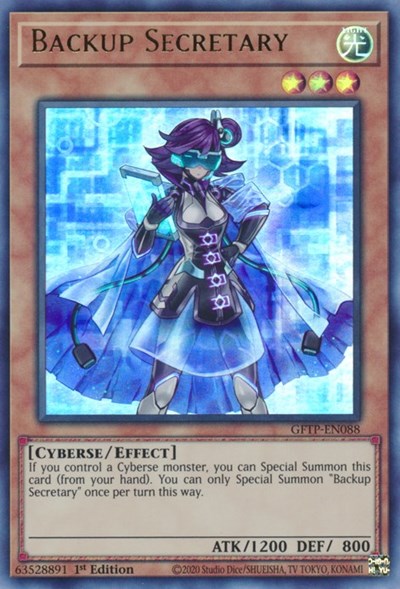 An Ultra Rare "Backup Secretary" card from the Yugioh Set: Ghosts From the Past.