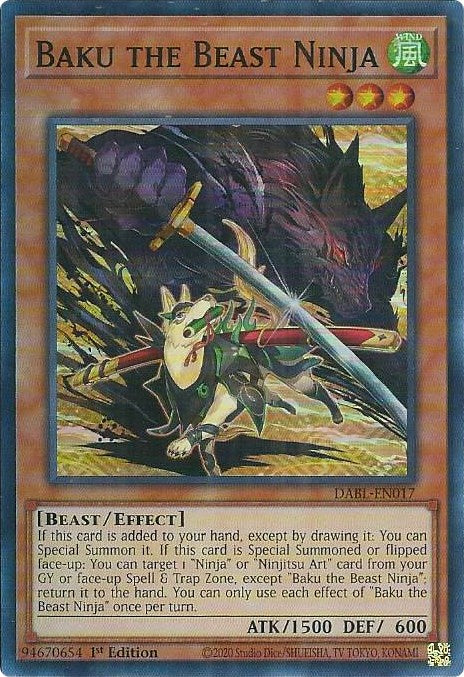 A Super Rare "Baku the Beast Ninja" card from the Yugioh Set: Darkwing Blast (DABL).