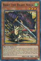 A Super Rare "Baku the Beast Ninja" card from the Yugioh Set: Darkwing Blast (DABL).