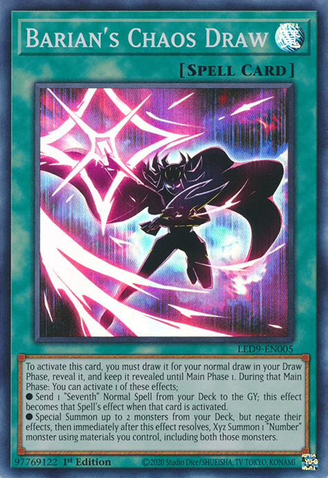  A Super Rare "Barian's Chaos Draw" card from the Yugioh Set: Legendary Duelists: Duels From the Deep (LED9).
