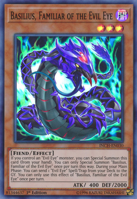 A Super Rare "Basilius, Familiar of the Evil Eye" card from the Yugioh Set: The Infinity Chasers (INCH).
