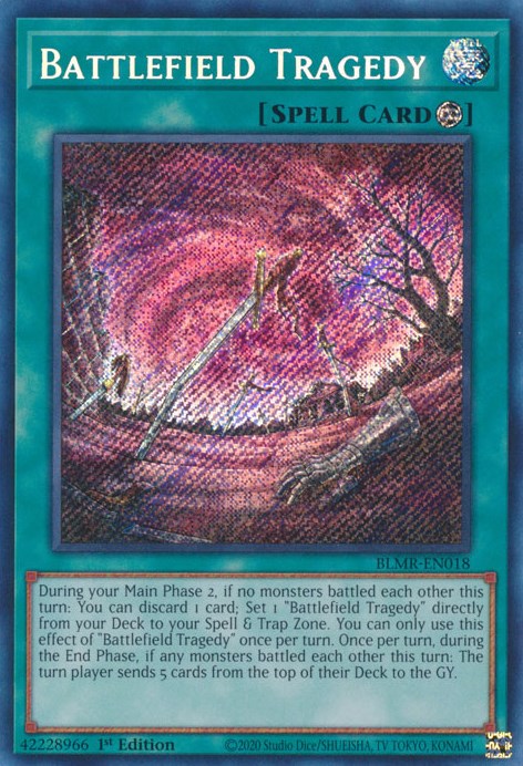 A Secret Rare "Battlefield Tragedy" card from the Yugioh Set: Battles of Legend: Monstrous Revenge.