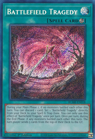 A Secret Rare "Battlefield Tragedy" card from the Yugioh Set: Battles of Legend: Monstrous Revenge.