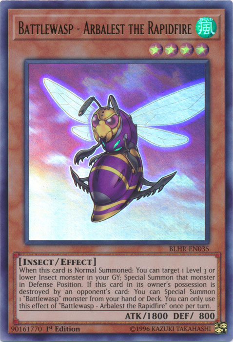 An Ultra Rare "Battlewasp - Arbalest the Rapidfire" card from the Yugioh Set: Battles of Legend: Hero's Revenge.