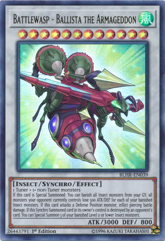 An Ultra Rare "Battlewasp - Ballista the Armageddon" card from the Yugioh Set: Battles of Legend: Hero's Revenge.