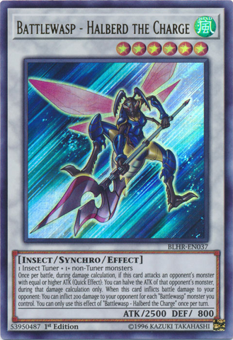 An Ultra Rare "Battlewasp - Halberd the Charge" card from the Yugioh Set: Battles of Legend: Hero's Revenge.