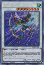 A Secret Rare "Battlewasp - Hama the Conquering Bow" card from the Yugioh Set: Battles of Legend: Hero's Revenge.