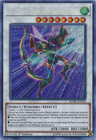 A Secret Rare "Battlewasp - Hama the Conquering Bow" card from the Yugioh Set: Battles of Legend: Hero's Revenge.