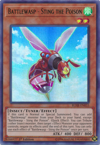 An Ultra Rare "Battlewasp - Sting the Poison" card from the Yugioh Set: Battles of Legend: Hero's Revenge.