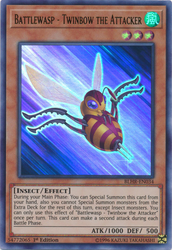 An Ultra Rare "Battlewasp - Twinbow the Attacker" card from the Yugioh Set: Battles of Legend: Hero's Revenge.