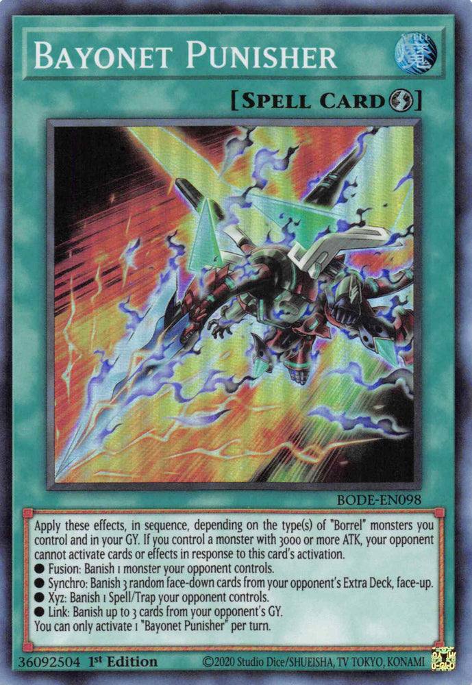  A Super Rare "Bayonet Punisher" card from the Yugioh Set: Burst of Destiny.