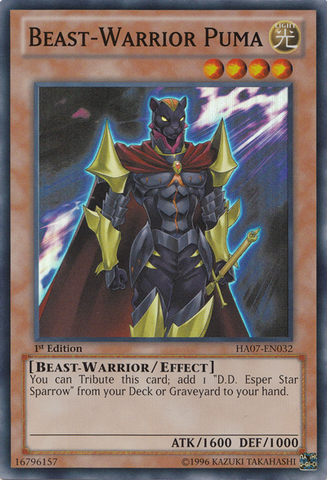 A Super Rare "Beast-Warrior Puma" card from the Yugioh Set: Hidden Arsenal 7: Knight of Stars.