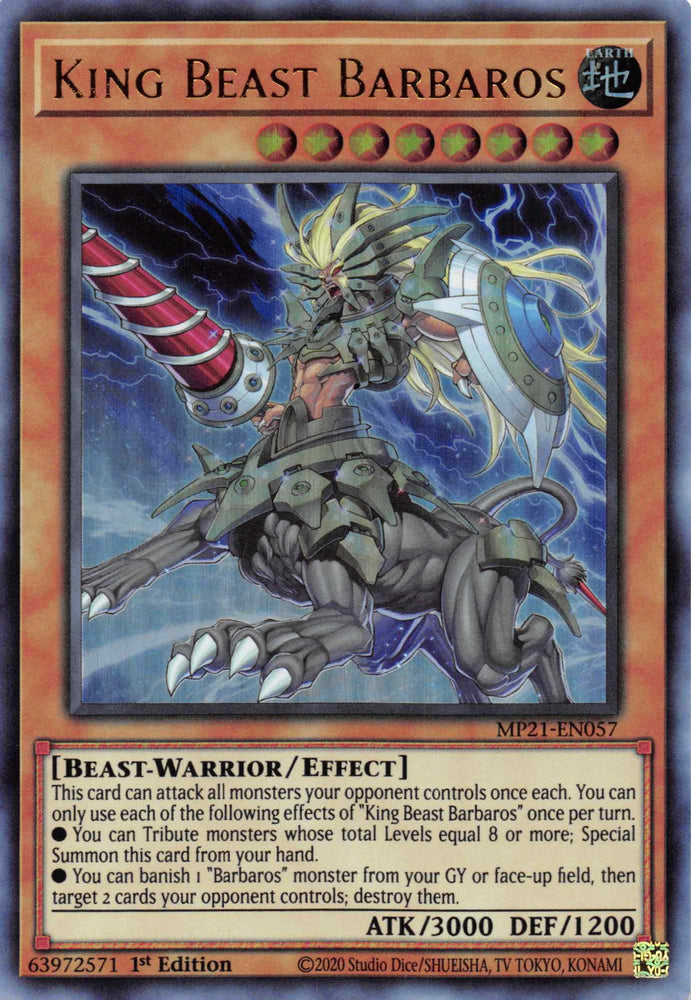 An Ultra Rare "Beast King Barbaros" card from the Yugioh 2021 Tin of Ancient Battles (MP21).