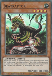 A Super Rare "Beatraptor" card from the Yugioh Set: Dark Neostorm.