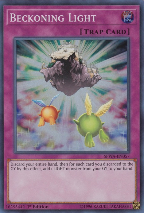 A Super Rare "Beckoning Light" card from the Yugioh Set: Spirit Warriors (SPWA).