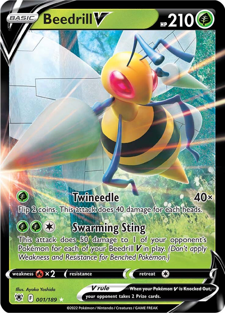 An Ultra Rare "Beedrill V" (001/189) card from the Pokemon Set: Astral Radiance.
