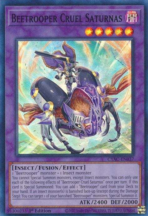 A Super Rare "Beetrooper Cruel Saturnas" card from the Yugioh Set: Cyberstorm Access.