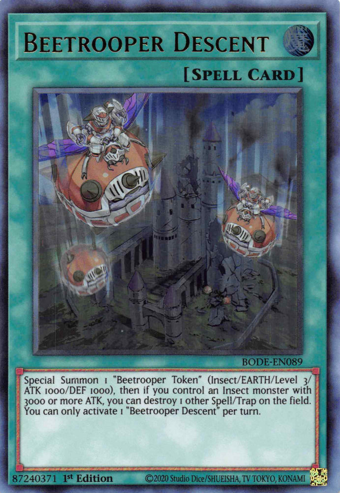  An Ultra Rare "Beetrooper Descent" card from the Yugioh Set: Burst of Destiny.