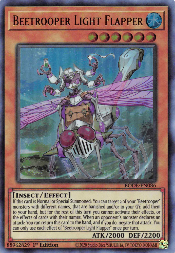 An Ultra Rare "Beetrooper Light Flapper" card from the Yugioh Set: Burst of Destiny.