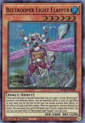 An Ultra Rare "Beetrooper Light Flapper" card from the Yugioh Set: Burst of Destiny.