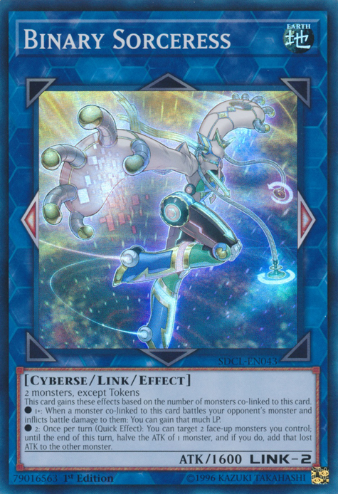 A Super Rare "Binary Sorceress" card from the Yugioh Structure Deck: Cyberse Link.