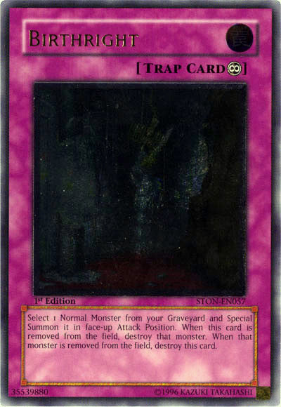 An Ultimate Rare "Birthright" card from the Yugioh Set: Storm of Neos.