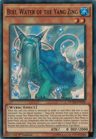 A Super Rare "Bixi, Water of the Yang Zing" card from the Yugioh Set: Duelist Alliance (DUEA).