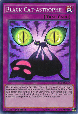 A Super Rare "Black Cat-astrophe" card from the Yugioh Set: Dragons of Legend 2 (DRL2).