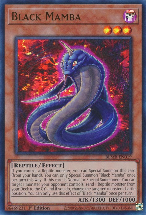 An Ultra Rare "Black Mamba" card from the Yugioh Set: Battles of Legend: Monstrous Revenge.