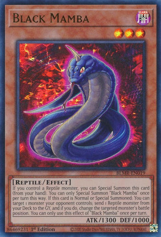 An Ultra Rare "Black Mamba" card from the Yugioh Set: Battles of Legend: Monstrous Revenge (BLMR).