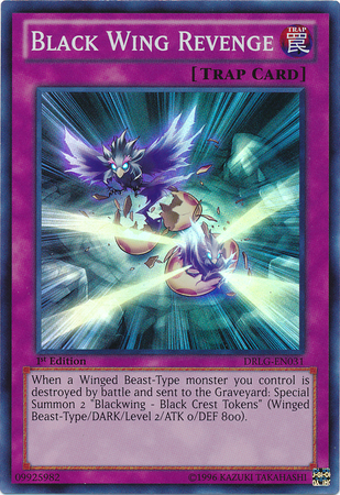 A Super Rare "Black Wing Revenge" card from the Yugioh set: Dragons of Legend.