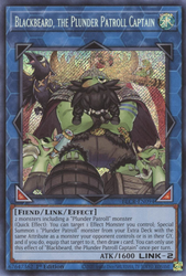 A Secret Rare "Blackbeard, The Plunder Patroll Captain" card from the Yugioh Set: Battles of Legend: Crystal Revenge.