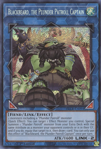 A Secret Rare "Blackbeard, The Plunder Patroll Captain" card from the Yugioh Set: Battles of Legend: Crystal Revenge.
