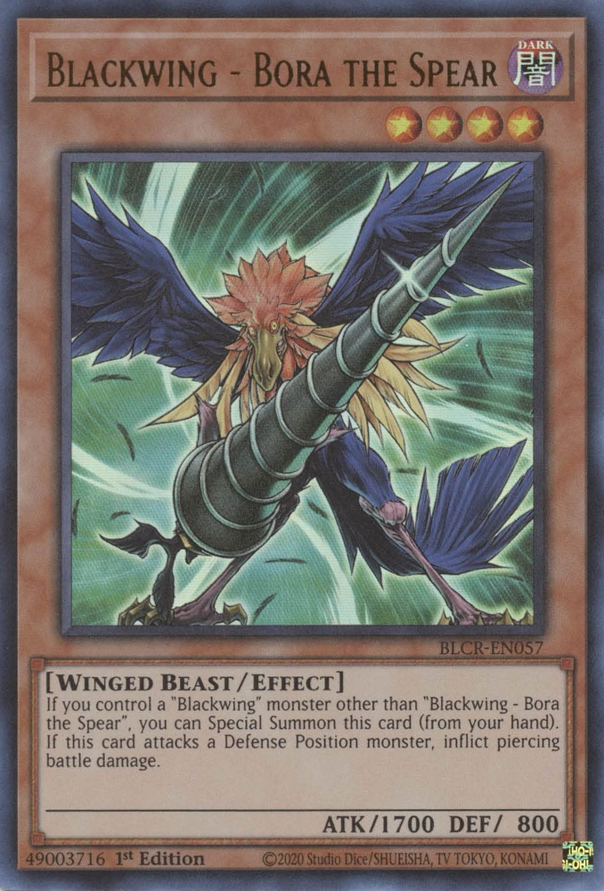 An Ultra Rare "Blackwing - Bora the Spear" card from the Yugioh Set: Battles of Legend: Crystal Revenge (BLCR).