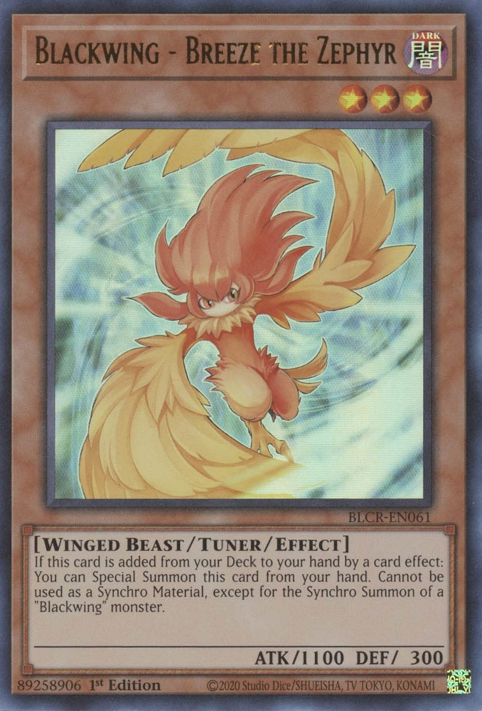 An Ultra Rare "Blackwing - Breeze the Zephyr" card from the Yugioh Set: Battles of Legend: Crystal Revenge (BLCR).