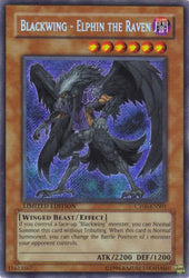 A Secret Rare "Blackwing - Elphin the Raven" card from the Yugioh 2009 Collector Tins.