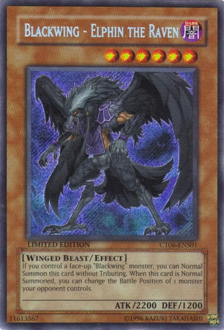 A Secret Rare "Blackwing - Elphin the Raven" card from the Yugioh 2009 Collector Tins.