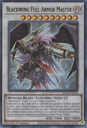 An Ultra Rare "Blackwing - Full Armor Master" card from the Yugioh Set: Battles of Legend: Crystal Revenge (BLCR).