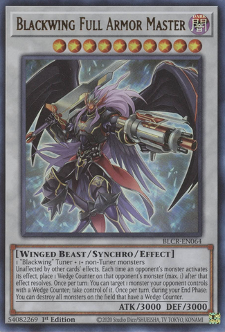 An Ultra Rare "Blackwing - Full Armor Master" card from the Yugioh Set: Battles of Legend: Crystal Revenge (BLCR).