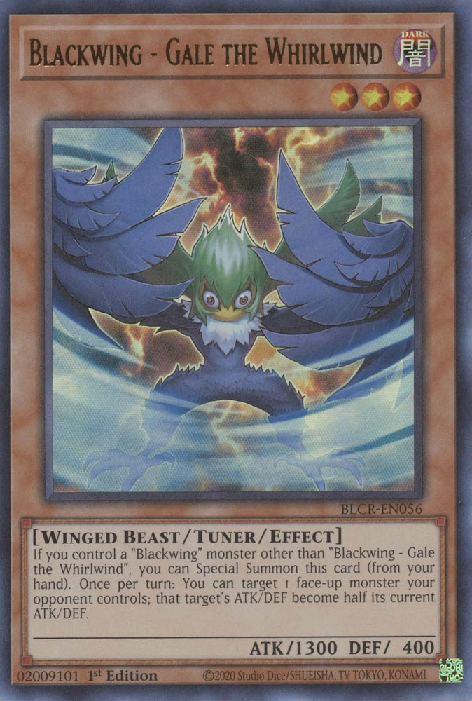 An Ultra Rare "Blackwing - Gale the Whirlwind" card from the Yugioh Set: Battles of Legend: Crystal Revenge (BLCR).