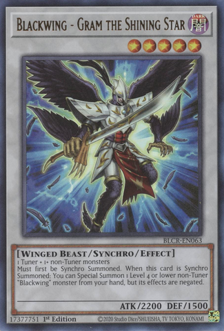 An Ultra Rare "Blackwing - Gram the Shining Star" card from the Yugioh Set: Battles of Legend: Crystal Revenge (BLCR).