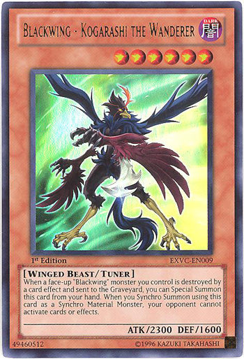 An Ultra Rare "Blackwing - Kogarashi the Wanderer" card from the Yugioh Set: Extreme Victory.