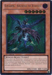 An Ultimate Rare "Blackwing - Kogarashi the Wanderer" card from the Yugioh Set: Extreme Victory (EXVC).