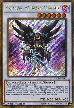A Gold Secret Rare "Blackwing - Nothung the Starlight" card from the Yugioh set: Premium Gold: Return of the Bling.